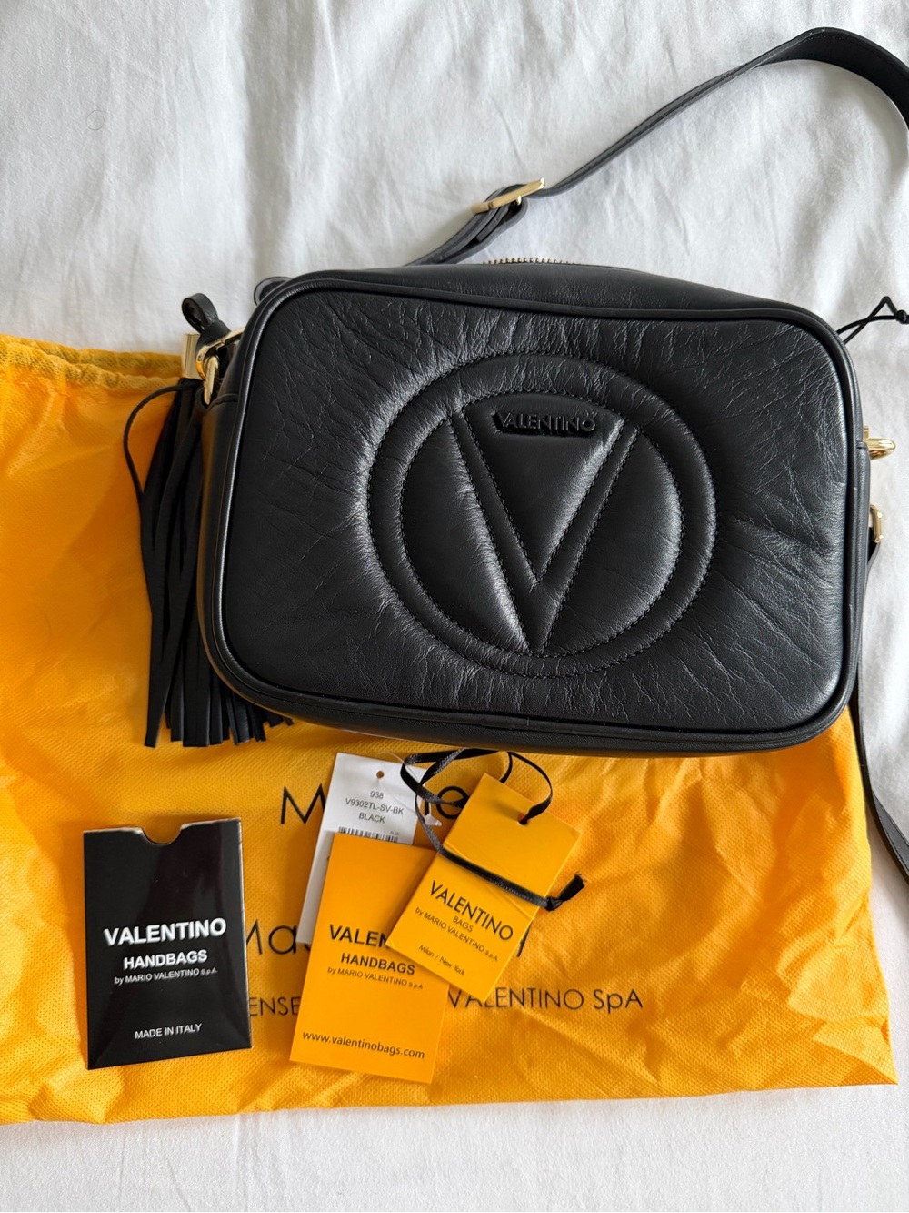 Valentino Black Leather Embossed V Logo Crossbody Camera Bag with Tassel